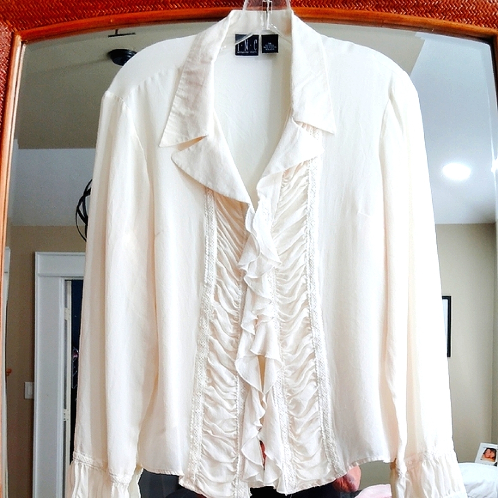 INC International Concepts White Ruffled Buttoned Blouse